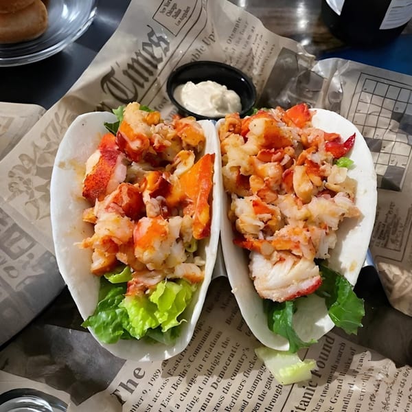 Two lobster tacos with lettuce and a side of sauce, served on newspaper-printed paper.