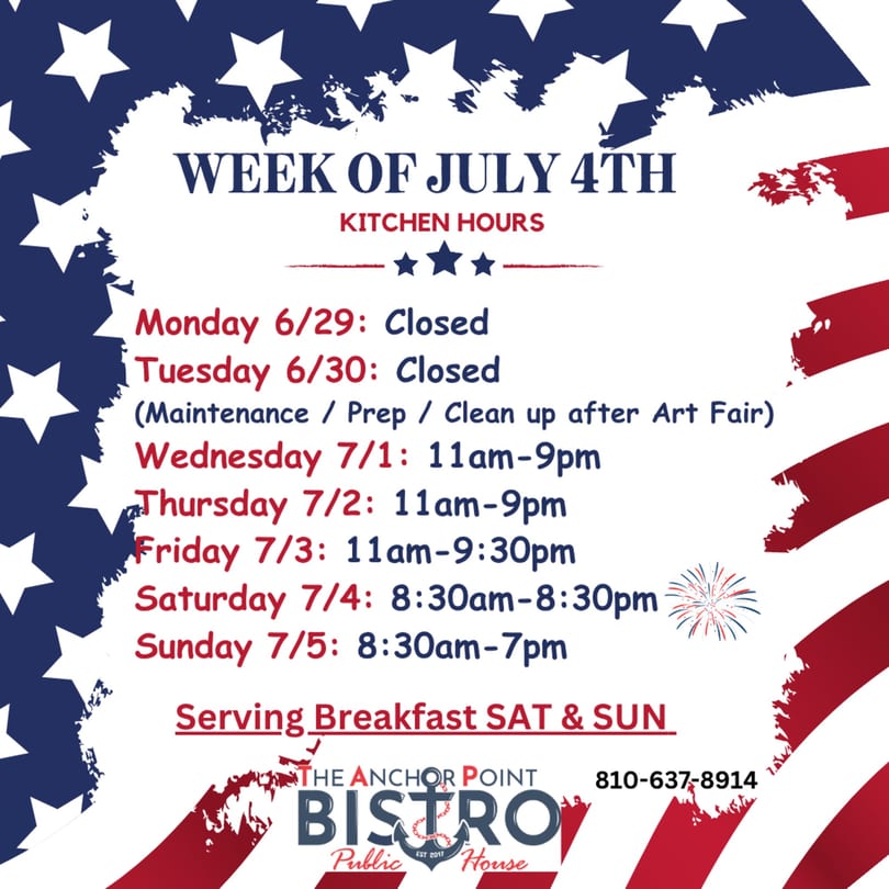The Anchor Point Bistro's kitchen hours for the week of July 4th, displayed on a patriotic background.