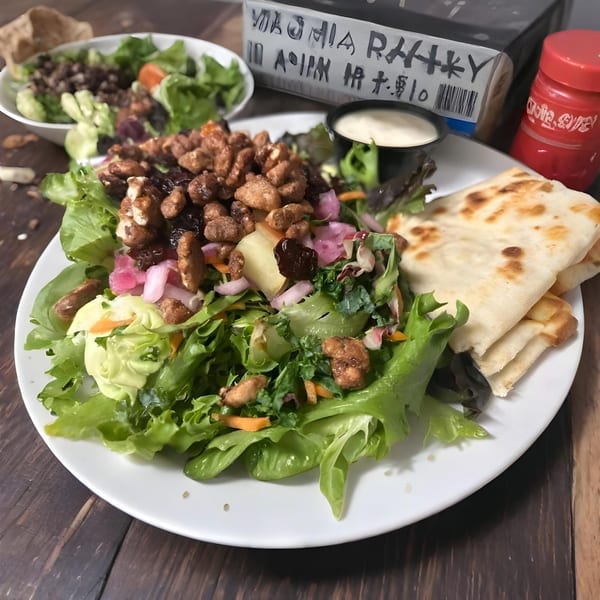 A fresh salad with candied nuts, dried fruit, and flatbread on a white plate.