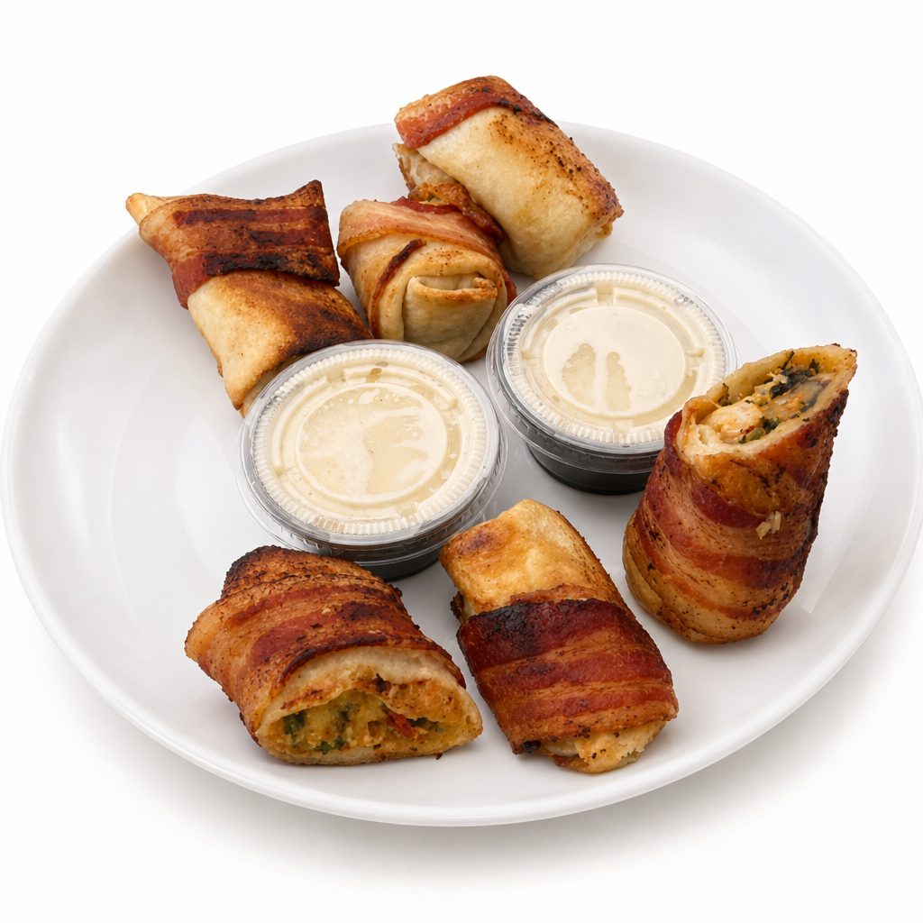 Bacon Wrapped Egg Rolls.