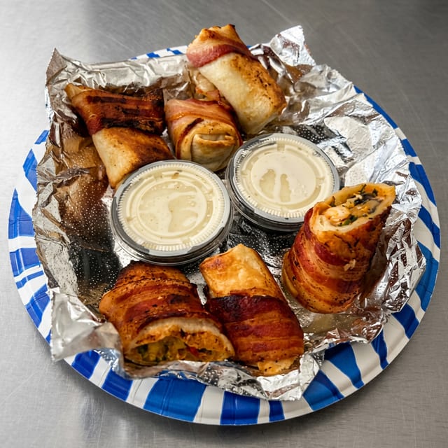 Bacon Wrapped Egg Rolls.